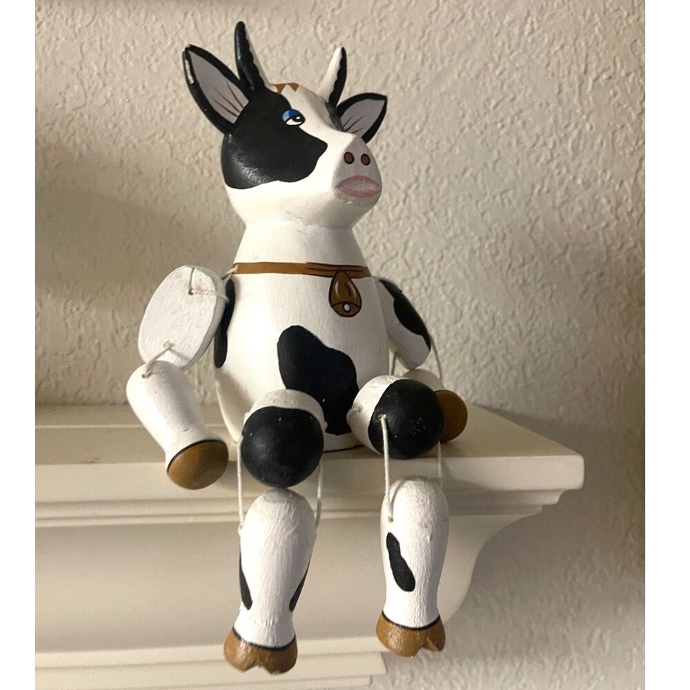 Vintage Handpainted Wood Cow Shelf Sitter Figurine~Signed Woodful ~Farmhouse